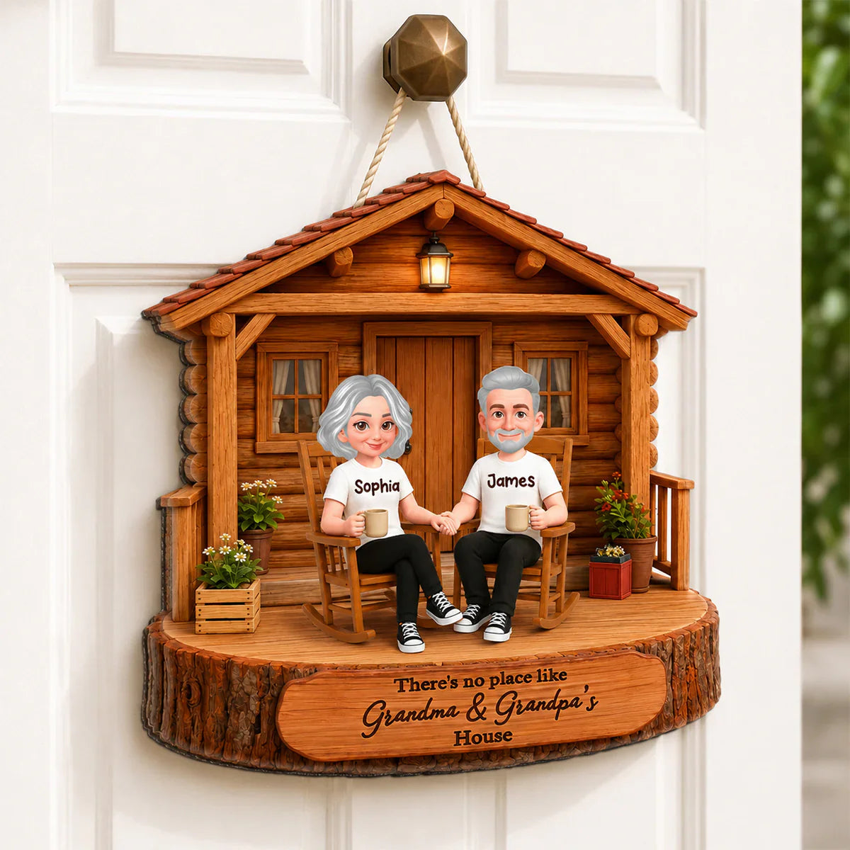 Personalized Wooden Sign for Grandma & Grandpa's House, Cozy Rocking Chair Scene, Creative Family Gift