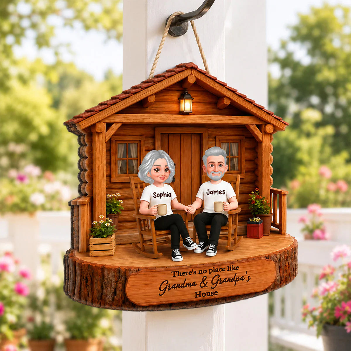 Personalized Wooden Sign for Grandma & Grandpa's House, Cozy Rocking Chair Scene, Creative Family Gift