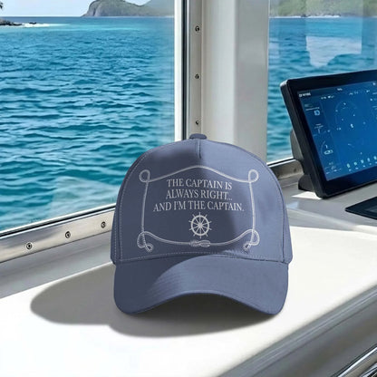 Navy Quick-Dry Cap with The Captain Is Always Right Quote, Sunlit Boat Cabin, Unique Creative Gift for Him