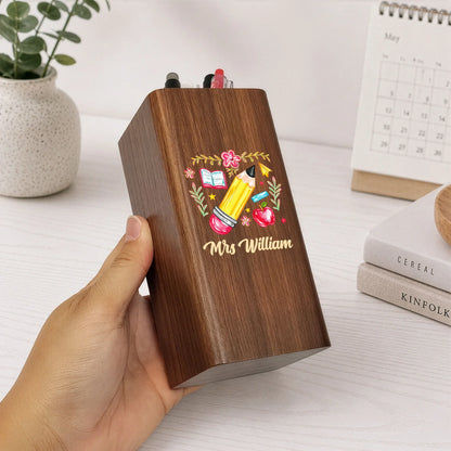 Wooden Pen Holder Clock for Teacher, Grow Learn Inspire Desk Organizer, Unique Creative Thank You Gift