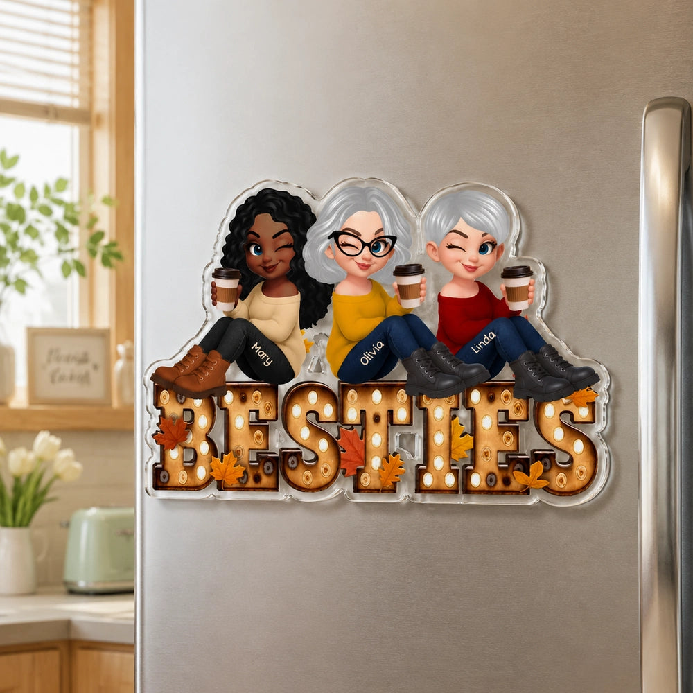 Custom Acrylic Fridge Magnet With Autumn Leaves & Sitting Friends, Creative Gift For Friendship