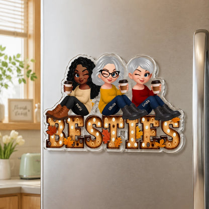 Custom Acrylic Fridge Magnet With Autumn Leaves & Sitting Friends, Creative Gift For Friendship