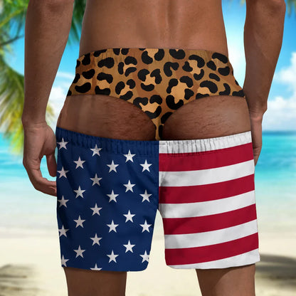 Personalized Men's Gag Beach Shorts, Funny Illusion Swim Trunks with Custom Skin Tone & Flag Pattern, Gift for Him