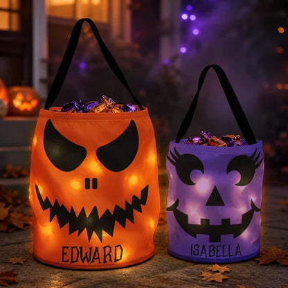 Personalized LED Light Up Fabric Basket, Glowing Pumpkin Face Trick-or-Treat Keepsake, Creative Gift for Kids
