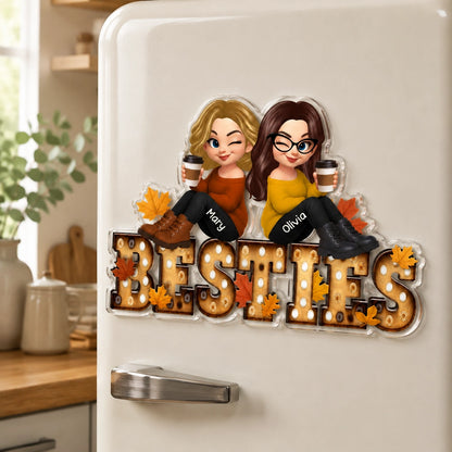 Custom Acrylic Fridge Magnet With Autumn Leaves & Sitting Friends, Creative Gift For Friendship