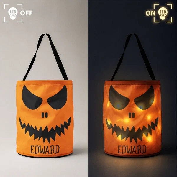 Personalized LED Light Up Fabric Basket, Glowing Pumpkin Face Trick-or-Treat Keepsake, Creative Gift for Kids