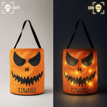 Personalized LED Light Up Fabric Basket, Glowing Pumpkin Face Trick-or-Treat Keepsake, Creative Gift for Kids