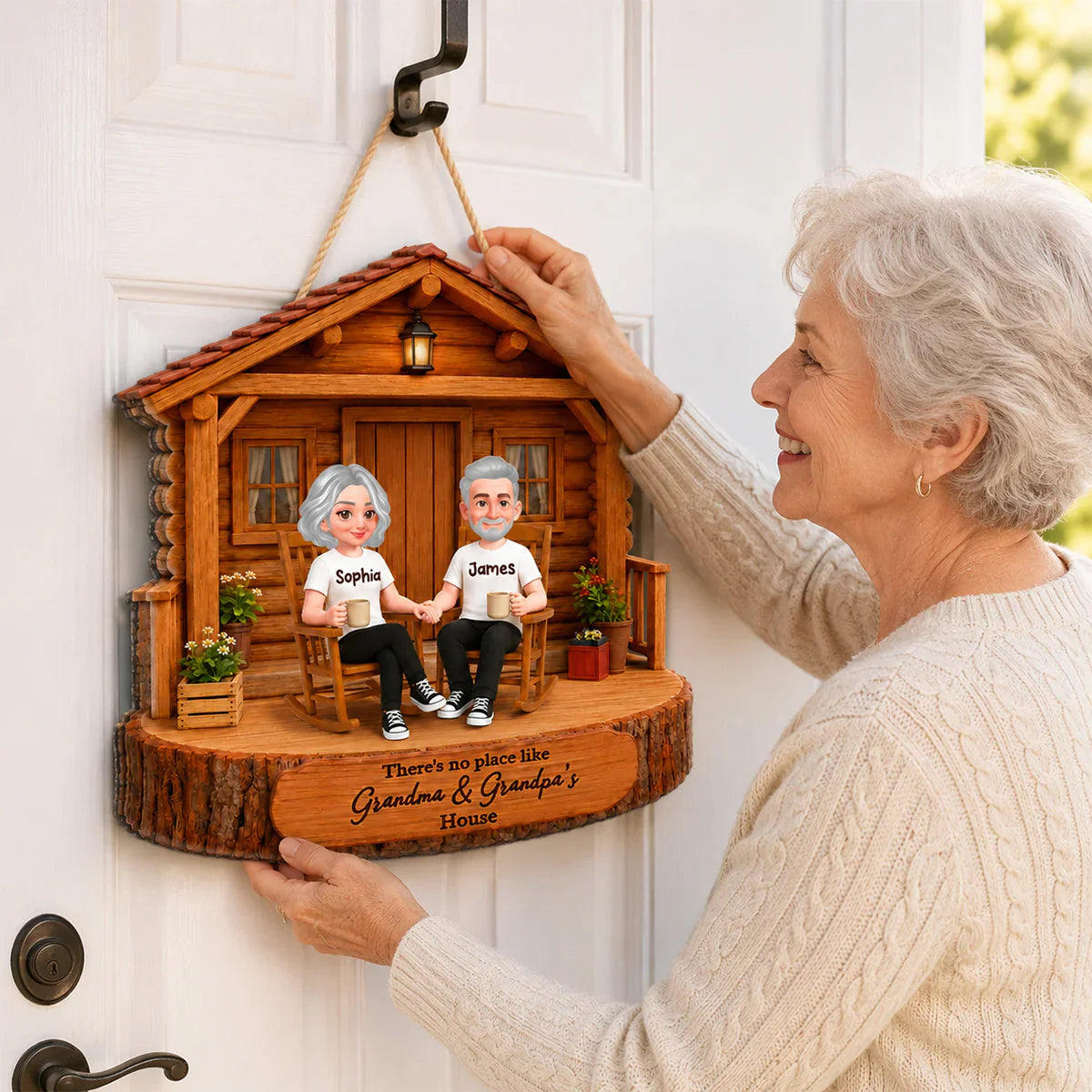 Personalized Wooden Sign for Grandma & Grandpa's House, Cozy Rocking Chair Scene, Creative Family Gift