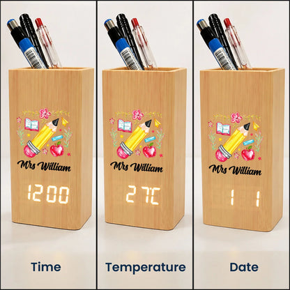 Wooden Pen Holder Clock for Teacher, Grow Learn Inspire Desk Organizer, Unique Creative Thank You Gift