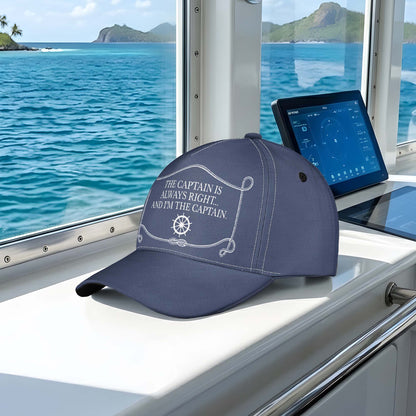 Navy Quick-Dry Cap with The Captain Is Always Right Quote, Sunlit Boat Cabin, Unique Creative Gift for Him