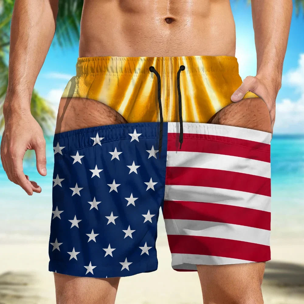 Personalized Men's Gag Beach Shorts, Funny Illusion Swim Trunks with Custom Skin Tone & Flag Pattern, Gift for Him