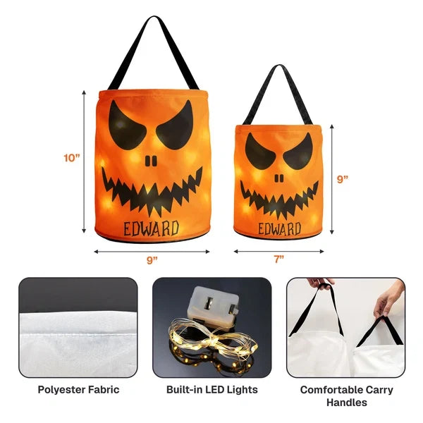 Personalized LED Light Up Fabric Basket, Glowing Pumpkin Face Trick-or-Treat Keepsake, Creative Gift for Kids