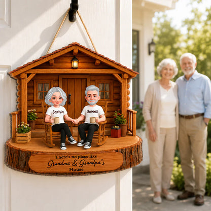 Personalized Wooden Sign for Grandma & Grandpa's House, Cozy Rocking Chair Scene, Creative Family Gift