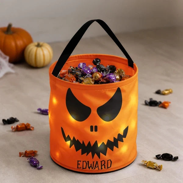 Personalized LED Light Up Fabric Basket, Glowing Pumpkin Face Trick-or-Treat Keepsake, Creative Gift for Kids