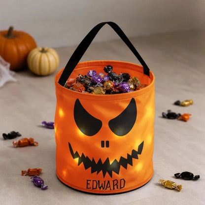 Personalized LED Light Up Fabric Basket, Glowing Pumpkin Face Trick-or-Treat Keepsake, Creative Gift for Kids