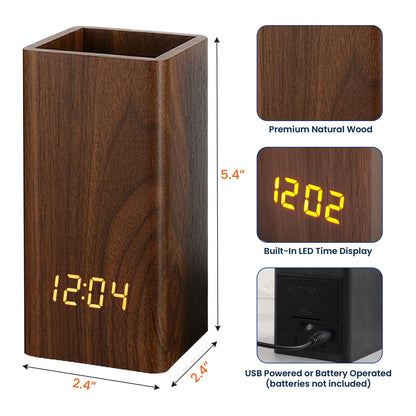 Wooden Pen Holder Clock for Teacher, Grow Learn Inspire Desk Organizer, Unique Creative Thank You Gift