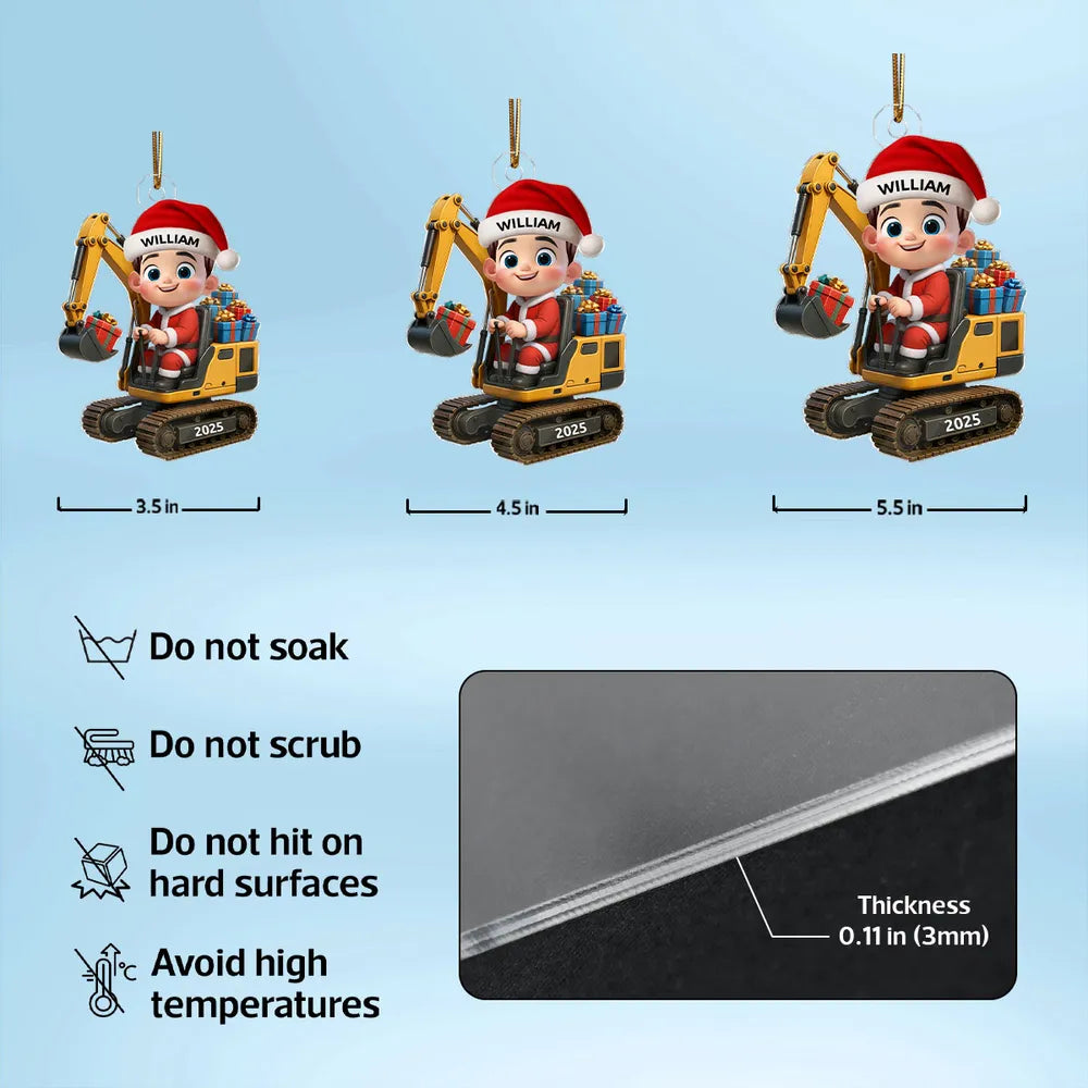 Christmas Acrylic Ornament with Cute Excavator and Santa Kid – Festive Decoration & Perfect Gift for Children