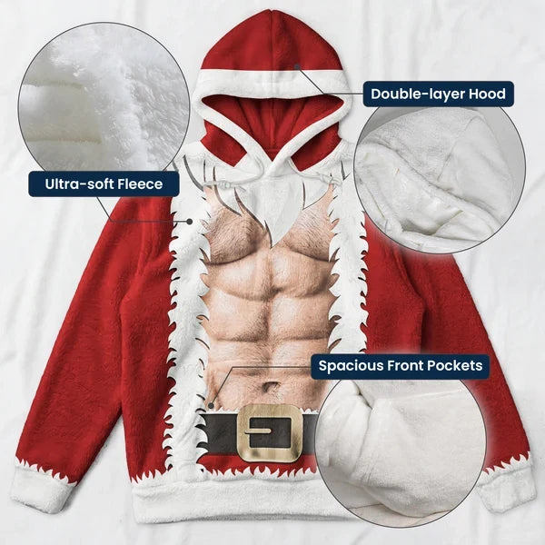 Personalized Printed Hoodie, Red and White Ripped Santa Suit with Faux Abs, Unique Christmas Gift for Him