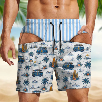 Personalized Men's Gag Beach Shorts, Funny Illusion Swim Trunks with Custom Skin Tone & Flag Pattern, Gift for Him