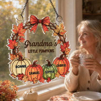 Personalized Acrylic Suncatcher Ornament with Fall Pumpkins, Unique Gift for Grandma's Sunlit Window