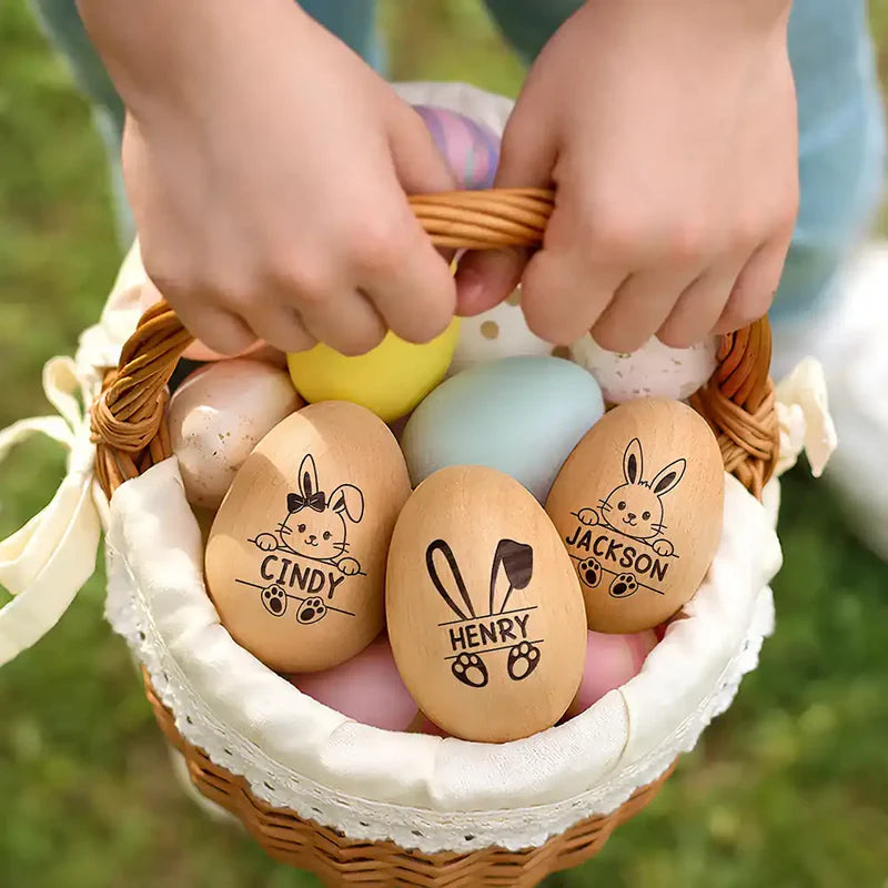 Personalized Bunny Wooden Egg Shaker - Cute Custom Easter Basket Gift for Kids, Sweet Keepsake Surprise