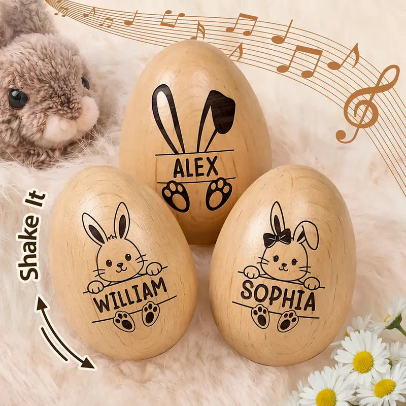 Personalized Bunny Wooden Egg Shaker - Cute Custom Easter Basket Gift for Kids, Sweet Keepsake Surprise