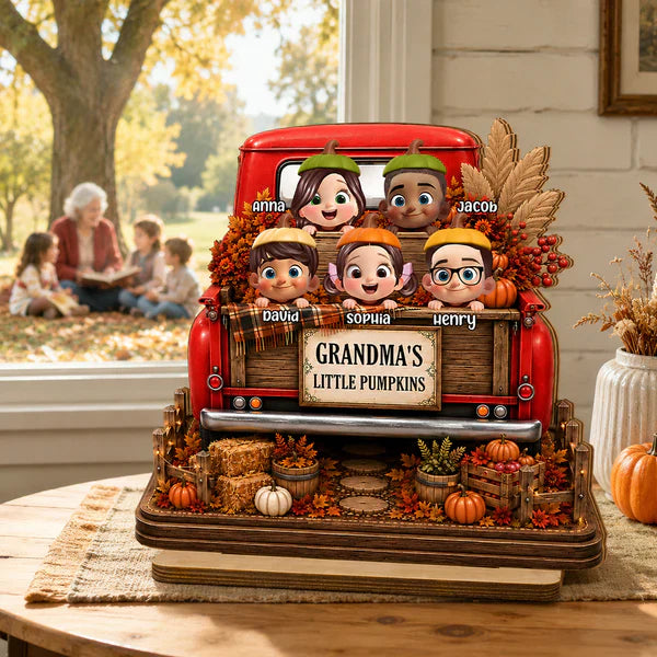 Personalized 2-Layer Wooden Plaque For Grandma, Grandkids Peeking In Fall Truck, Unique Creative Gift