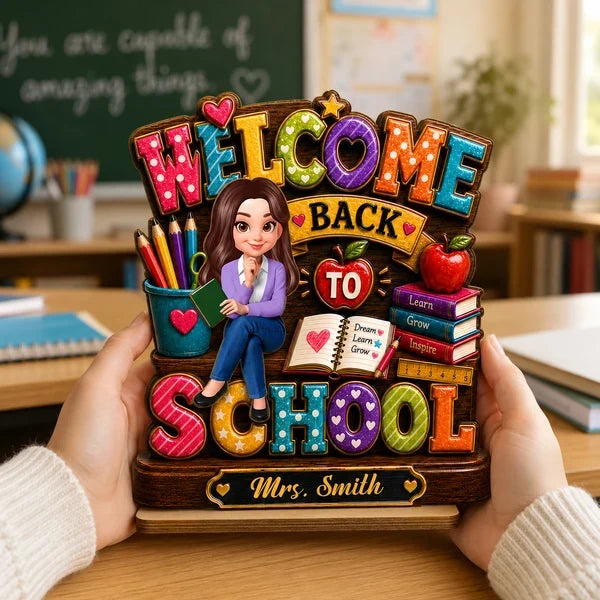 Personalized 2-Layer Wooden Plaque, Colorful Welcome Back to School Teacher Desk Decor, Unique Gift