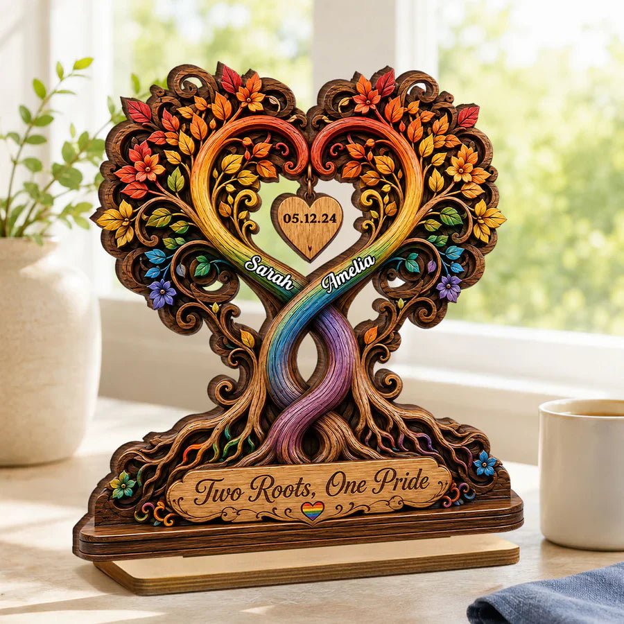 Personalized 2-Layer Wooden Plaque, Intertwined Rainbow Heart Trees, Unique Creative Gift for LGBTQ Couple