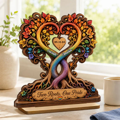 Personalized 2-Layer Wooden Plaque, Intertwined Rainbow Heart Trees, Unique Creative Gift for LGBTQ Couple