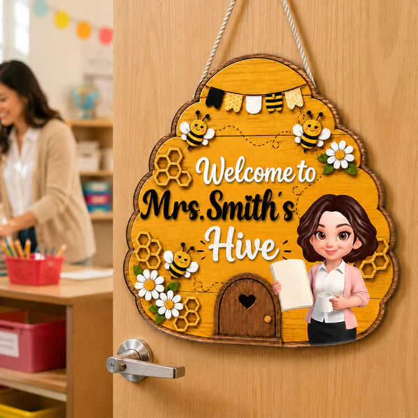 Personalized Wooden Sign with Teacher Holding a Book, Bee Hive Classroom Decor, Unique Back to School Gift