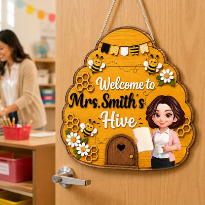 Personalized Wooden Sign with Teacher Holding a Book, Bee Hive Classroom Decor, Unique Back to School Gift