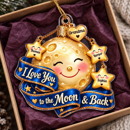 Personalized Acrylic Ornament, Smiling Moon & Stars on Christmas Tree, Unique Gift for Grandma