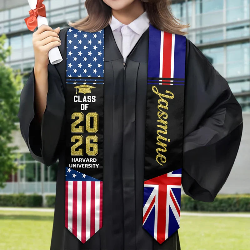 Personalized Polyester Satin Stole with Two Country Flags for Graduation Photos - A Unique Gift for Grads