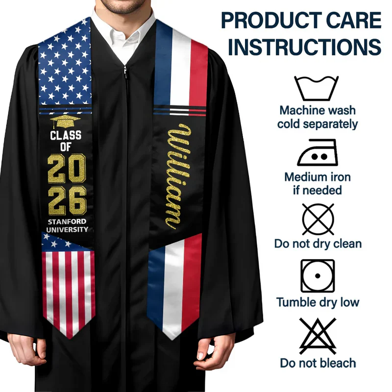 Personalized Polyester Satin Stole with Two Country Flags for Graduation Photos - A Unique Gift for Grads