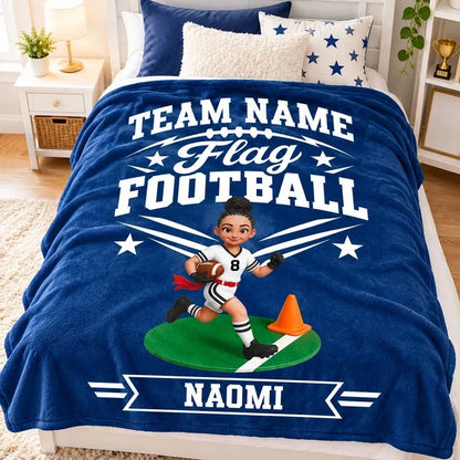 Personalized Flag Football Fleece Blanket, Running Player Design, Unique Gift for Young Athletes