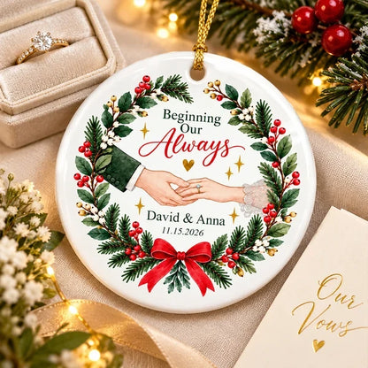 Personalized Ceramic Ornament with Couple Holding Hands and Christmas Wreath, Unique Gift for Couples
