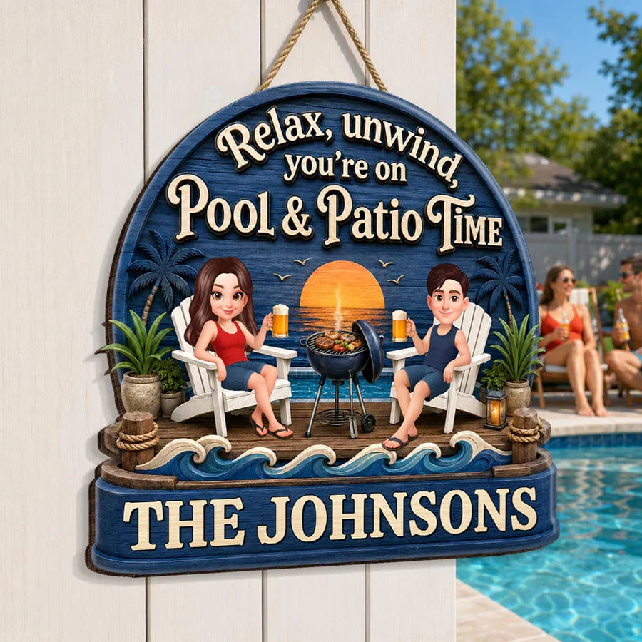Personalized Wooden Sign, Couple Relaxing by Pool & Patio, Unique Gift for Outdoor Decor