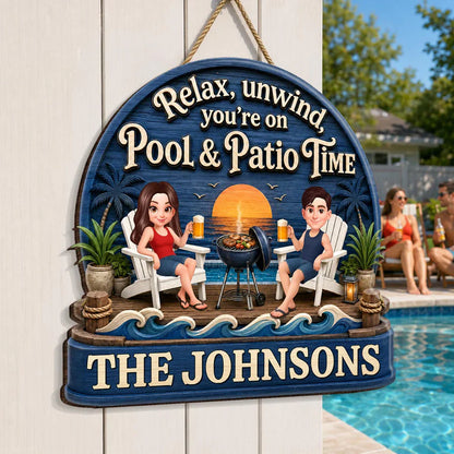 Personalized Wooden Sign, Couple Relaxing by Pool & Patio, Unique Gift for Outdoor Decor