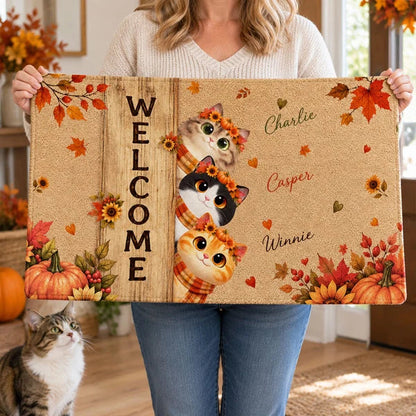 Personalized Fall Cat Standard Doormat, Peeking Cats Bring a Warm Autumn Welcome, Creative Gift for Pet Owners