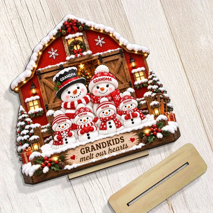 Personalized Wooden Plaque, Snowman Grandparents and Grandkids at a Snowy Red Barn, Unique Christmas Gift