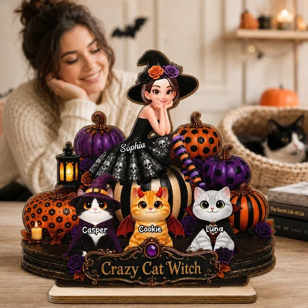 Personalized 2-Layer Wooden Plaque, Cat Witch with Costumed Cats and Pumpkins, Unique Gift for Cat Lovers