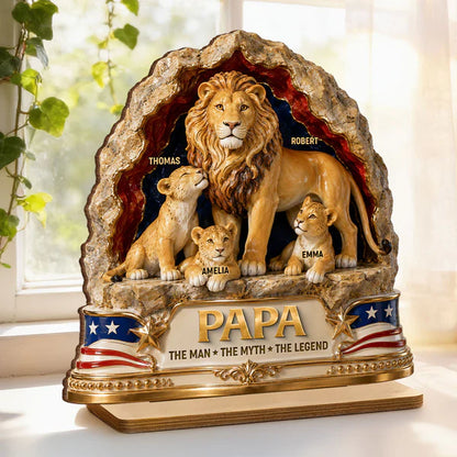 Personalized 2-Layer Wooden Plaque With Lion Dad & Cubs, Unique Father's Day Gift for Dad