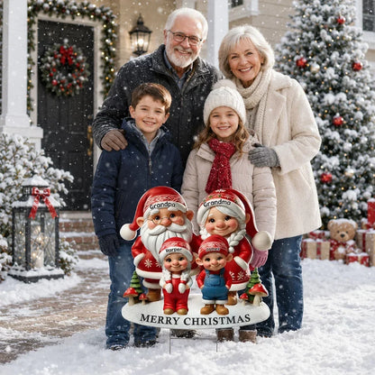 Personalized Shaped Yard Sign, Christmas Gnome Grandparents & Grandkids in Snow, Unique Gift for Grandparents