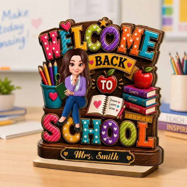 Personalized 2-Layer Wooden Plaque, Colorful Welcome Back to School Teacher Desk Decor, Unique Gift