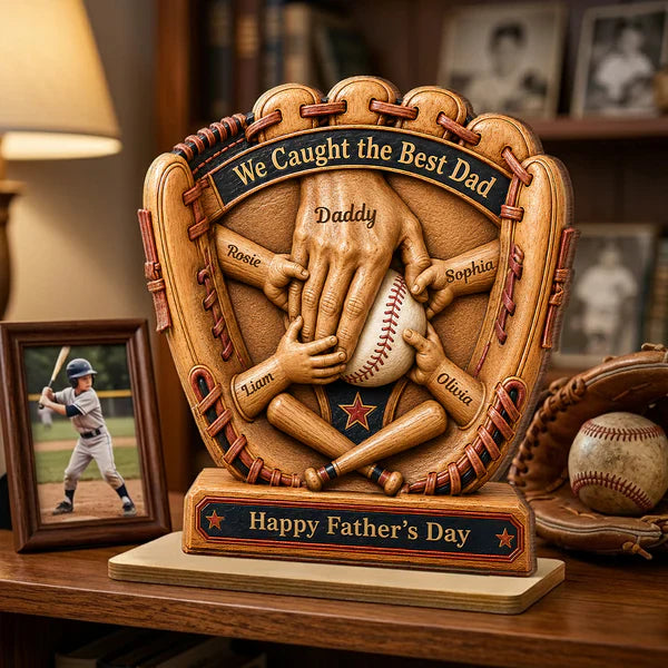Personalized Wooden Plaque, Baseball Glove Dad & Kids' Hands, Unique Father's Day Gift for Dad