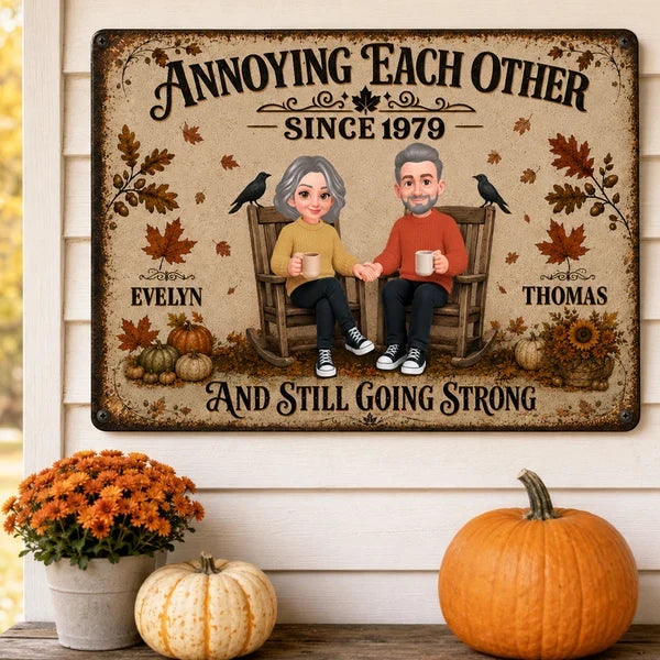 Personalized Rectangular Iron Sign, Retro Couple Holding Hands in Fall, Unique Anniversary Gift for Her or Him