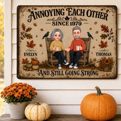 Personalized Rectangular Iron Sign, Retro Couple Holding Hands in Fall, Unique Anniversary Gift for Her or Him