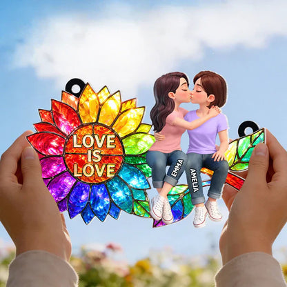 Personalized Acrylic Suncatcher Ornament, Love is Love Rainbow Sunflower with Kissing Couple, Unique LGBTQ Gift