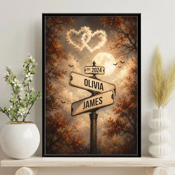 Personalized Poster with Couple Street Signs, Full Moon and Bats, Unique Halloween Gift for Couples